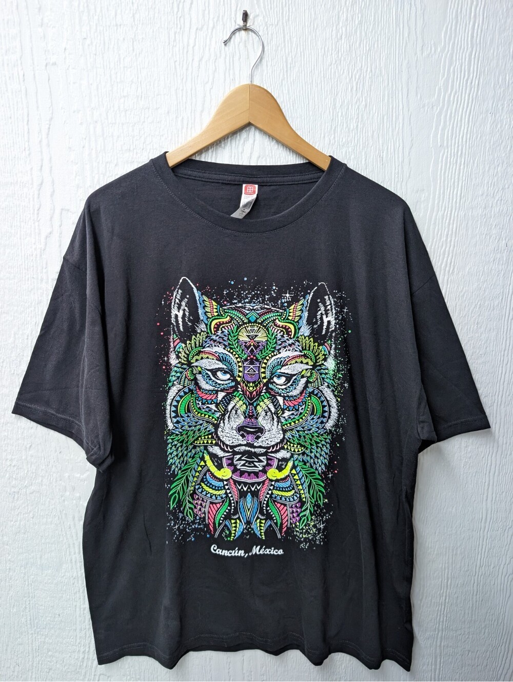 Mexican Mandala Spirit Wolf Neon Black Light Cancun Native Boho Hippie Size XL